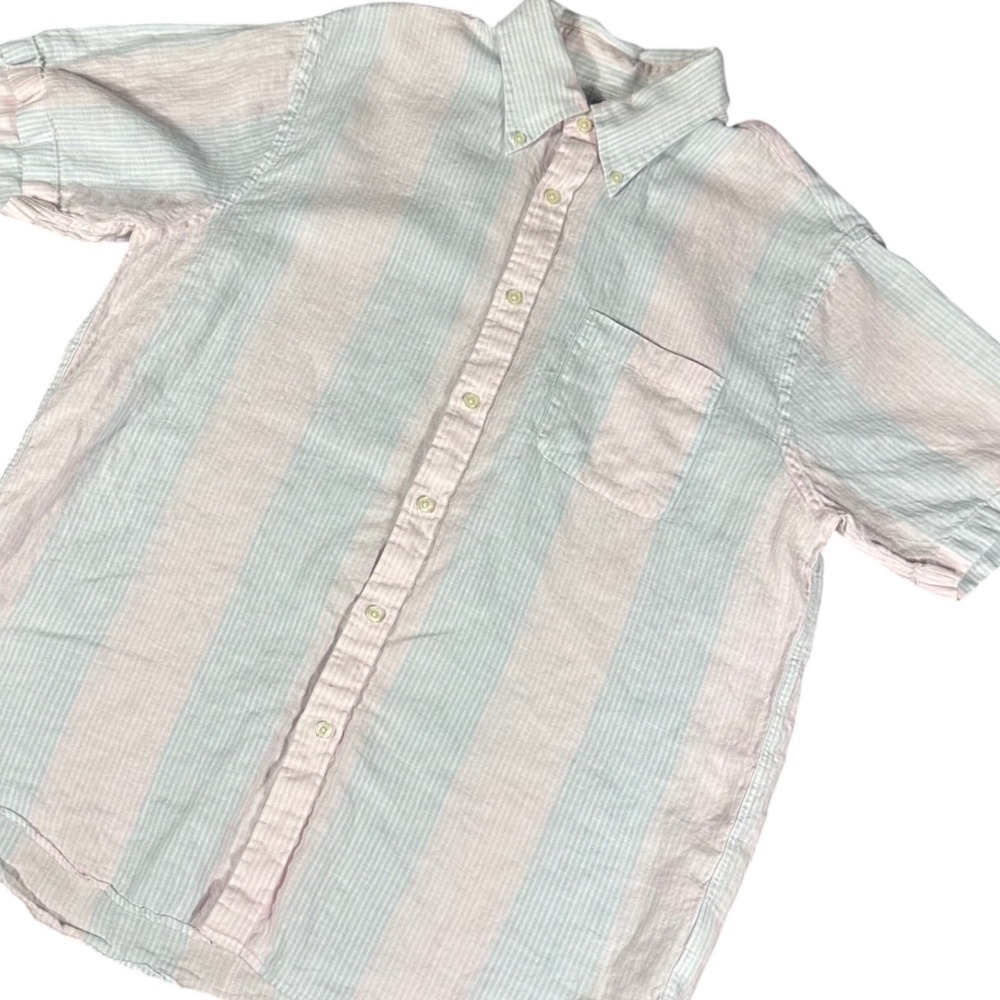 Brooks Brothers Button Down Shirt Mens L Pink Blue Stripe 100% Linen Regular Fit